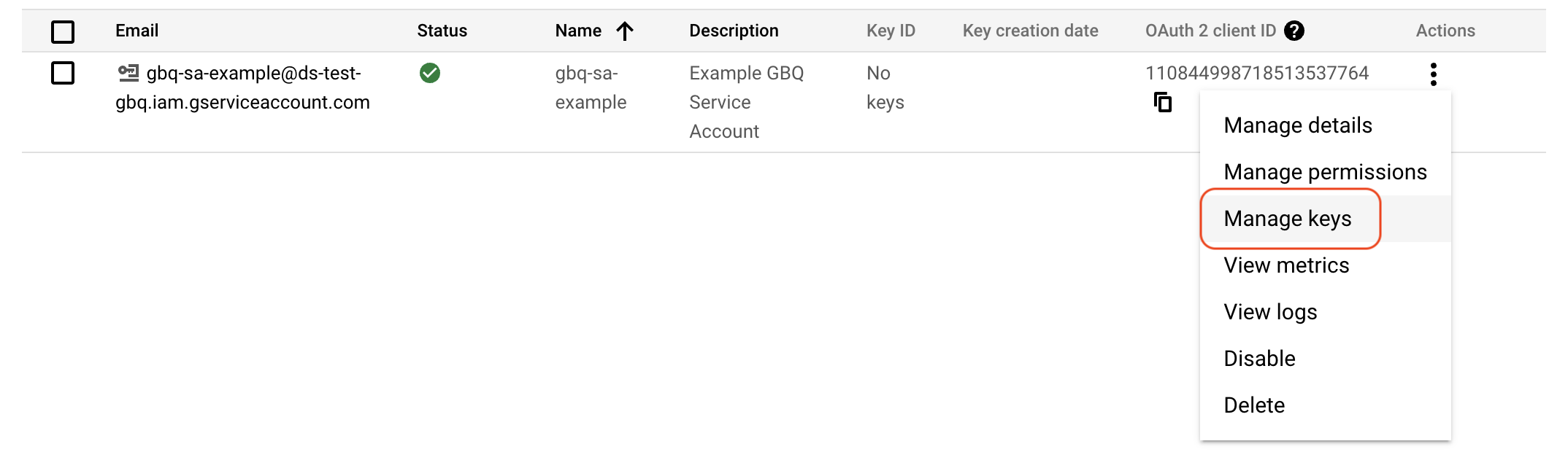 Modify keys for service account.