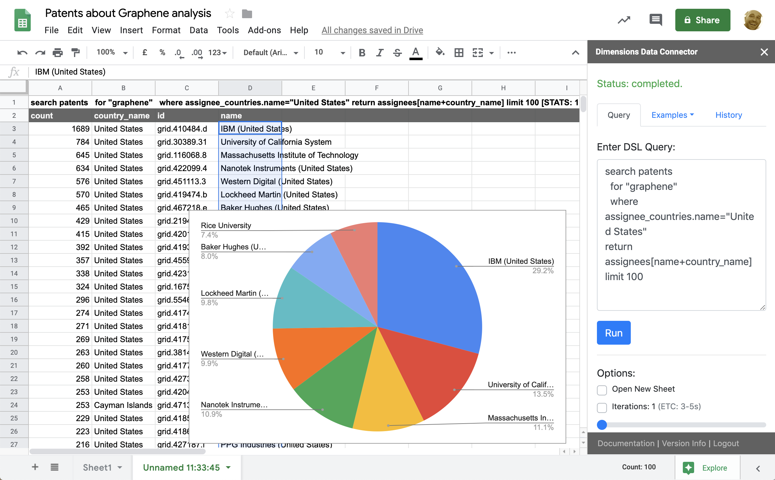 Searching patents - Dimensions API Connector for Google Sheets