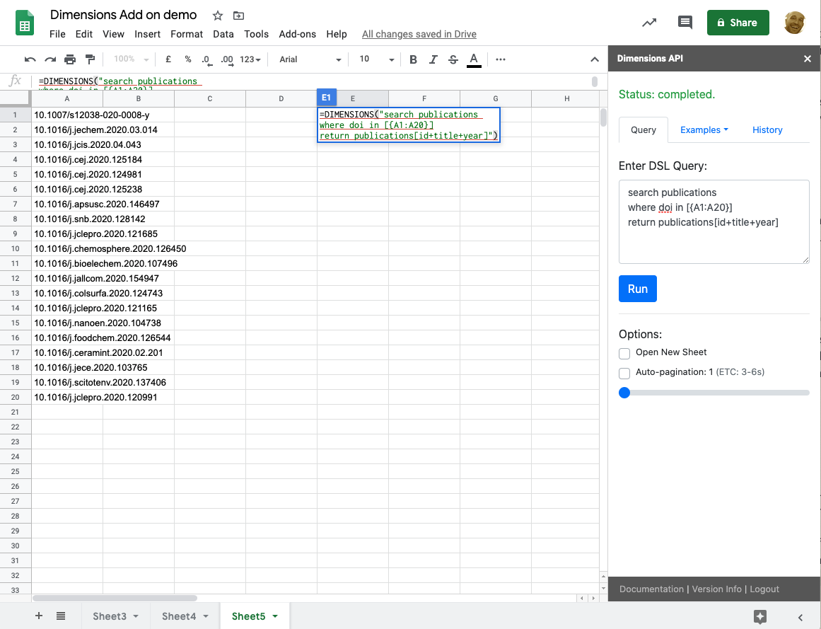 Using dynamic cell references - Dimensions API Connector for Google Sheets
